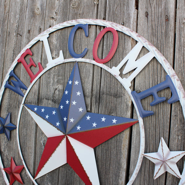 24" WELCOME USA FLAG BARN METAL FLAT STAR 2D PLAIN RED WHITE BLUE WESTER HOME DECOR HANDMADE NEW #EH12310