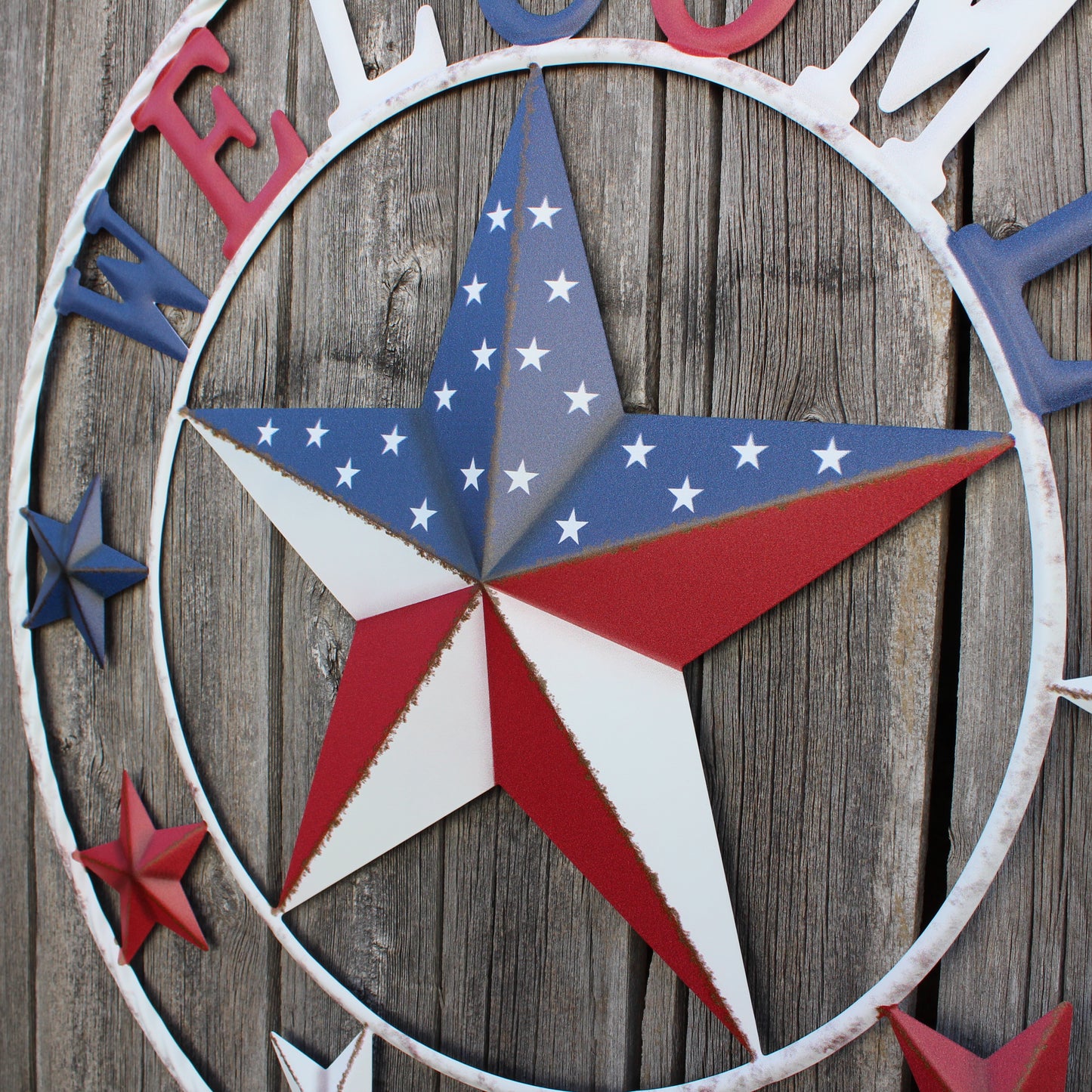 24" WELCOME USA FLAG BARN METAL FLAT STAR 2D PLAIN RED WHITE BLUE WESTERN HOME DECOR HANDMADE NEW #EH12310