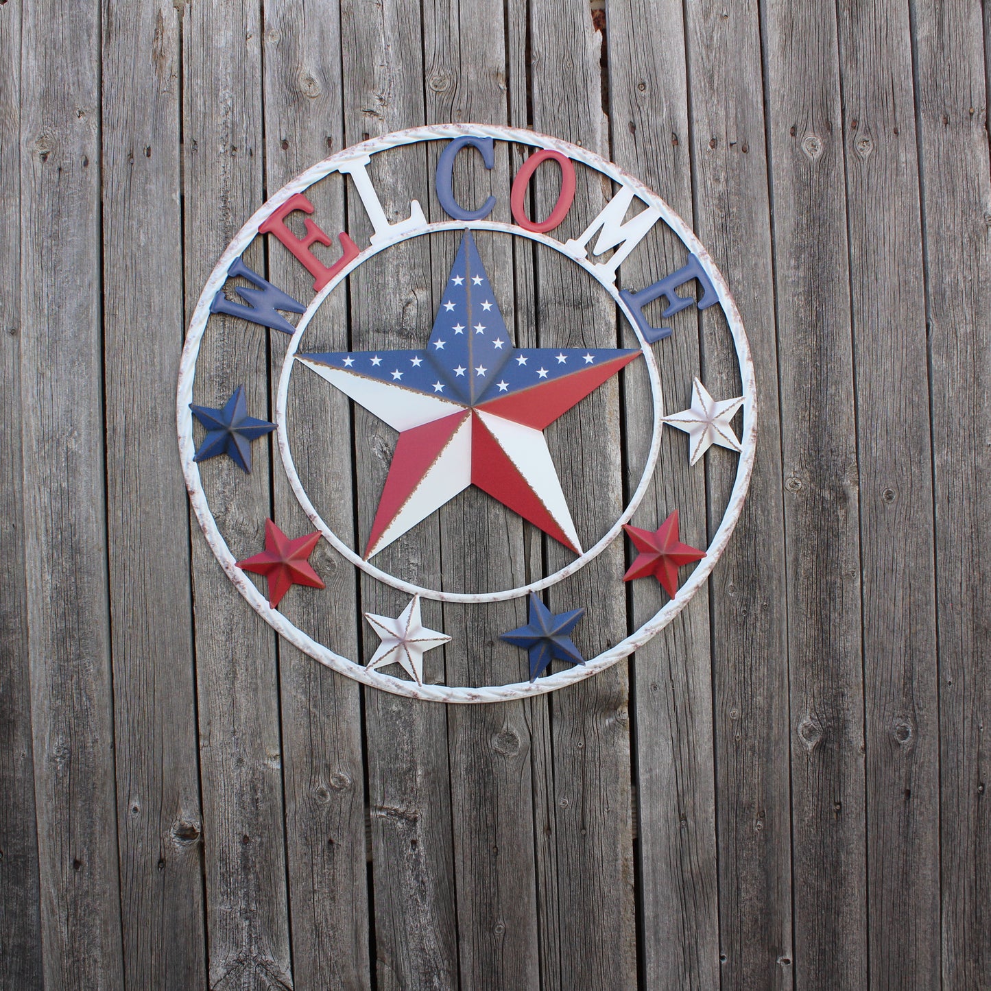 24" WELCOME USA FLAG BARN METAL FLAT STAR 2D PLAIN RED WHITE BLUE WESTERN HOME DECOR HANDMADE NEW #EH12310