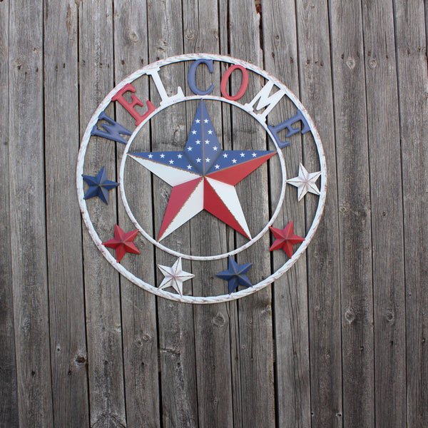 24" WELCOME USA FLAG BARN METAL FLAT STAR 2D PLAIN RED WHITE BLUE WESTER HOME DECOR HANDMADE NEW #EH12310