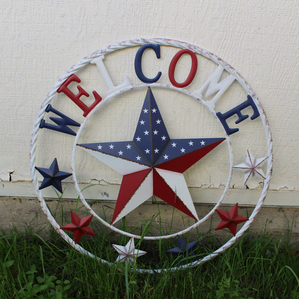 24" WELCOME USA FLAG BARN METAL FLAT STAR 2D PLAIN RED WHITE BLUE WESTER HOME DECOR HANDMADE NEW #EH12310
