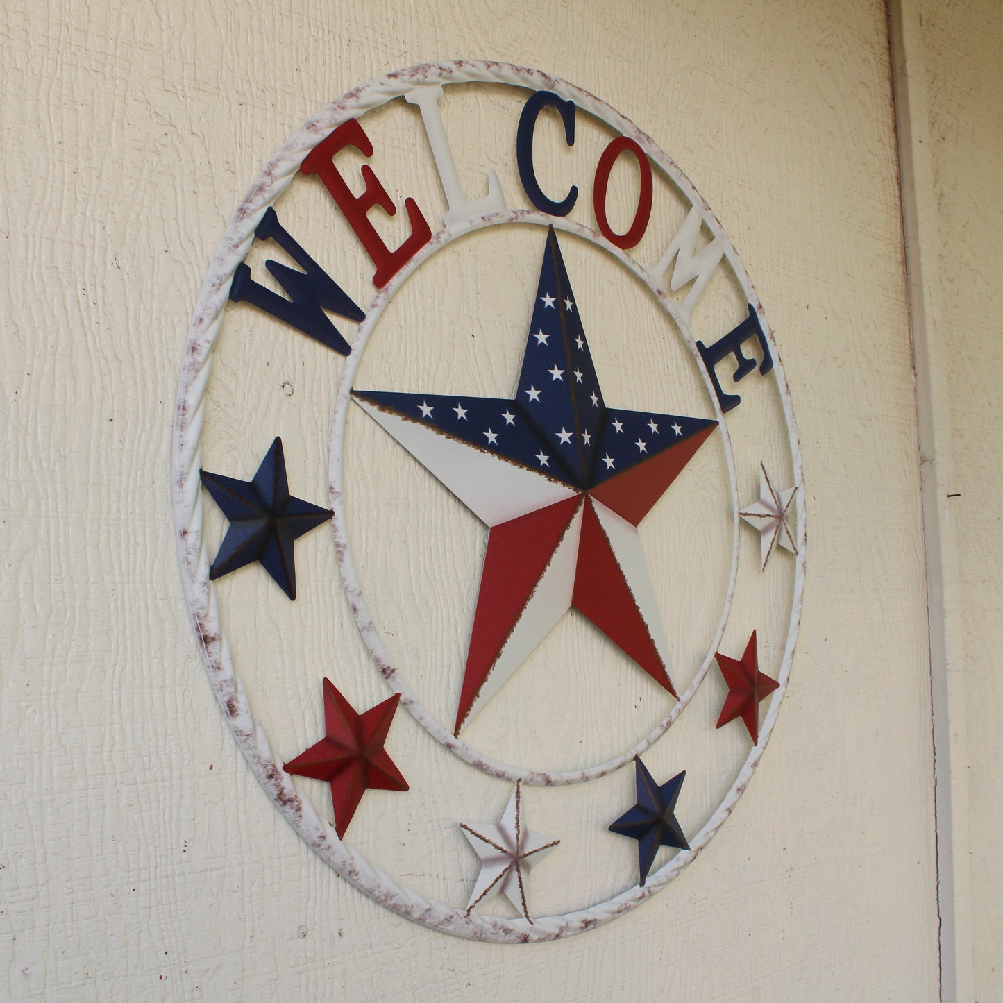 24" WELCOME USA FLAG BARN METAL FLAT STAR 2D PLAIN RED WHITE BLUE WESTERN HOME DECOR HANDMADE NEW #EH12310