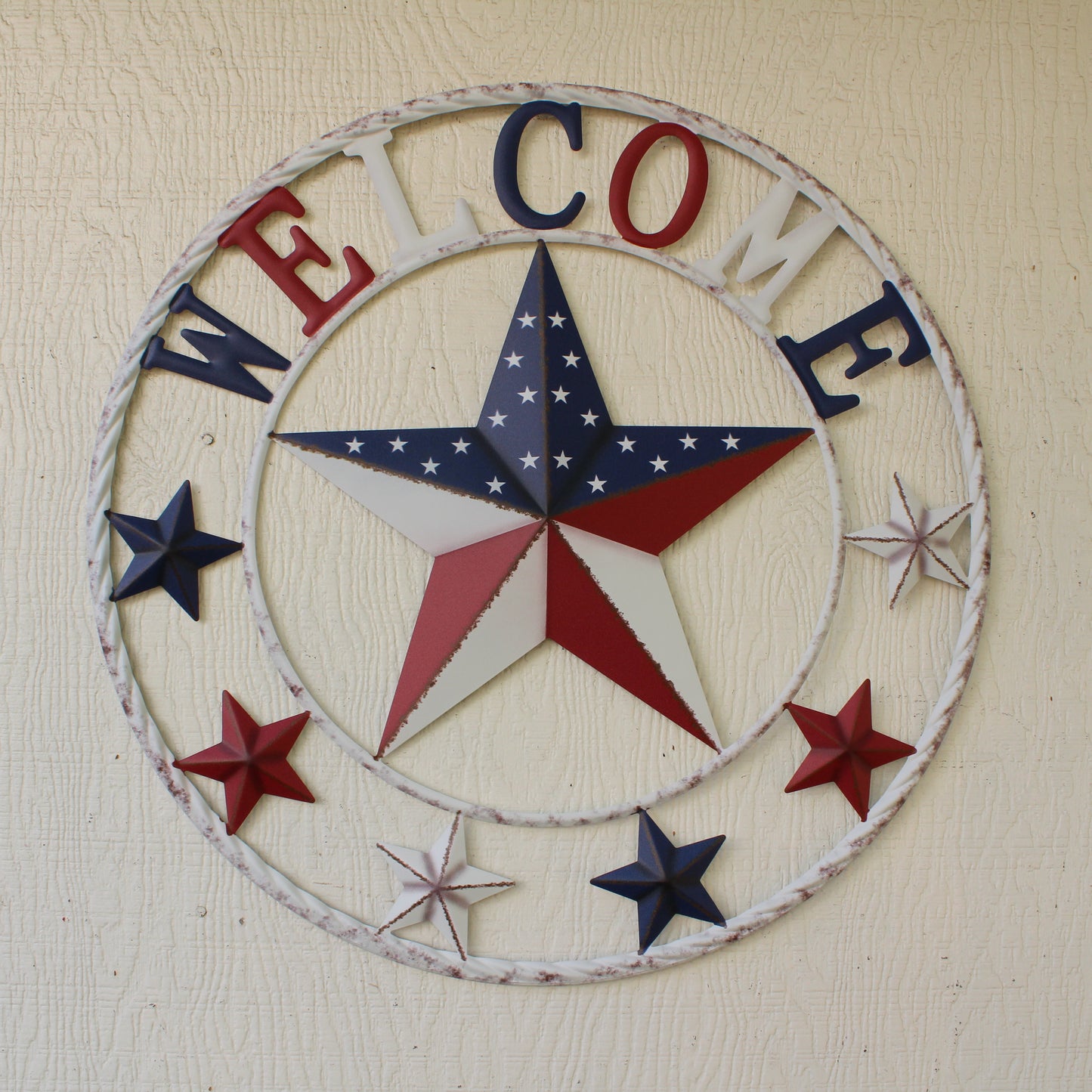 24" WELCOME USA FLAG BARN METAL FLAT STAR 2D PLAIN RED WHITE BLUE WESTERN HOME DECOR HANDMADE NEW #EH12310