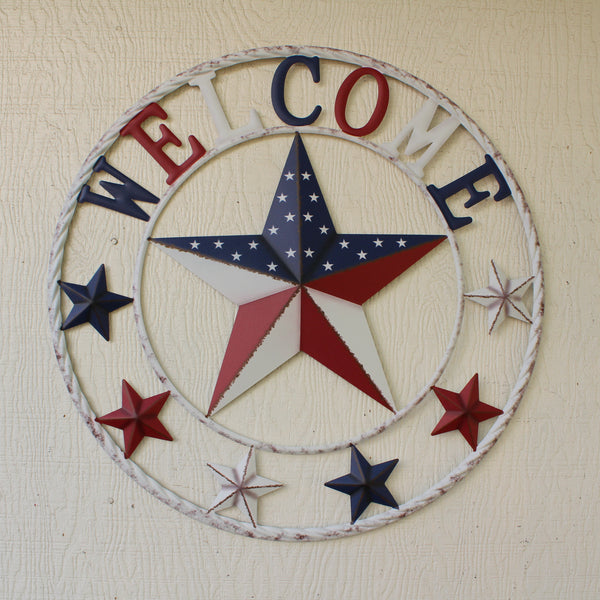 24" WELCOME USA FLAG BARN METAL FLAT STAR 2D PLAIN RED WHITE BLUE WESTER HOME DECOR HANDMADE NEW #EH12310