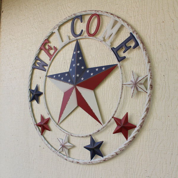 24" WELCOME USA FLAG BARN METAL FLAT STAR 2D PLAIN RED WHITE BLUE WESTER HOME DECOR HANDMADE NEW #EH12310