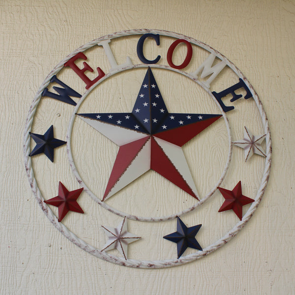 24" WELCOME USA FLAG BARN METAL FLAT STAR 2D PLAIN RED WHITE BLUE WESTER HOME DECOR HANDMADE NEW #EH12310