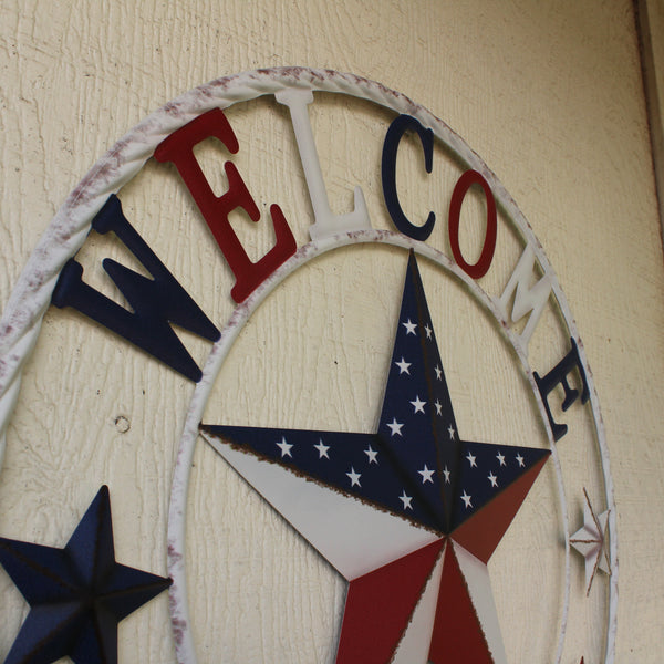 24" WELCOME USA FLAG BARN METAL FLAT STAR 2D PLAIN RED WHITE BLUE WESTER HOME DECOR HANDMADE NEW #EH12310