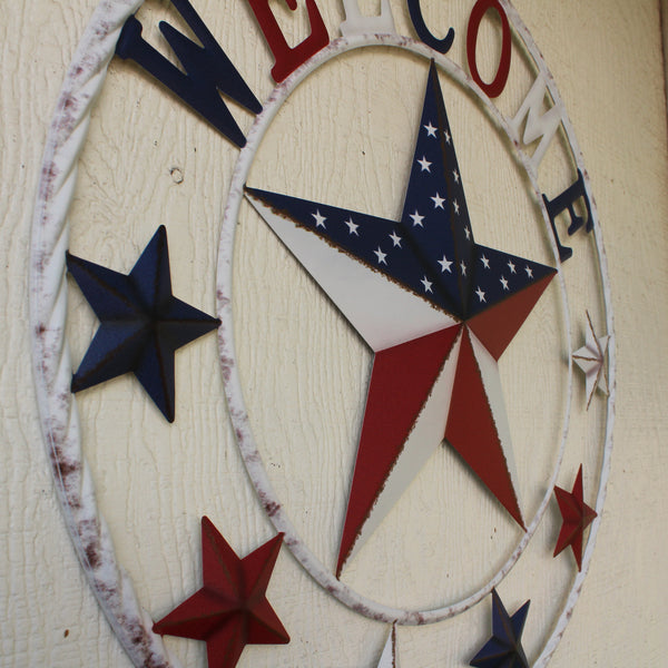 24" WELCOME USA FLAG BARN METAL FLAT STAR 2D PLAIN RED WHITE BLUE WESTER HOME DECOR HANDMADE NEW #EH12310