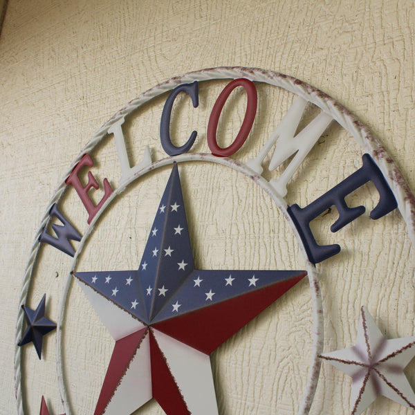 24" WELCOME USA FLAG BARN METAL FLAT STAR 2D PLAIN RED WHITE BLUE WESTER HOME DECOR HANDMADE NEW #EH12310