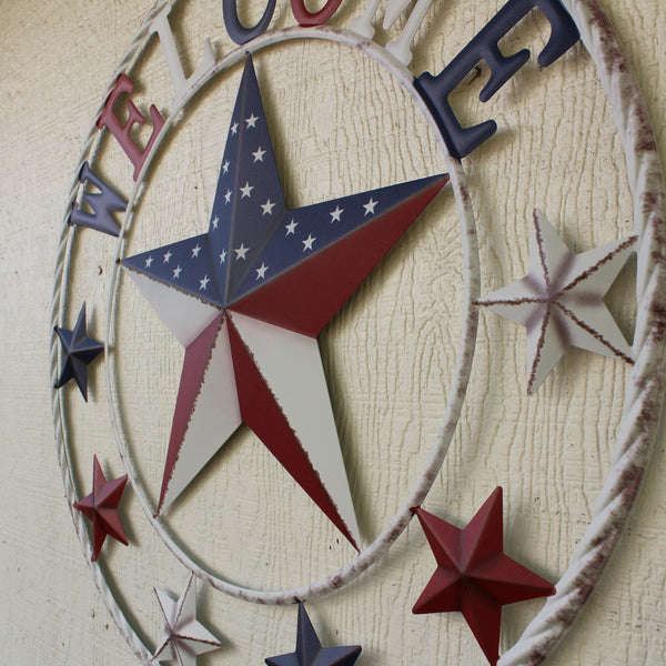 24" WELCOME USA FLAG BARN METAL FLAT STAR 2D PLAIN RED WHITE BLUE WESTER HOME DECOR HANDMADE NEW #EH12310