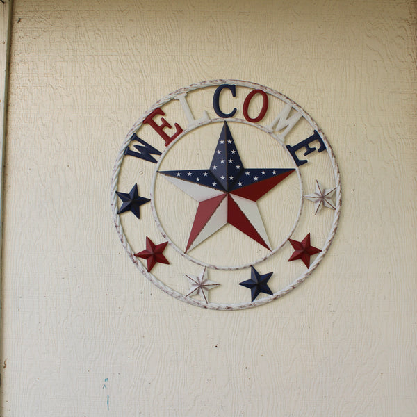 24" WELCOME USA FLAG BARN METAL FLAT STAR 2D PLAIN RED WHITE BLUE WESTER HOME DECOR HANDMADE NEW #EH12310