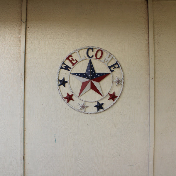 24" WELCOME USA FLAG BARN METAL FLAT STAR 2D PLAIN RED WHITE BLUE WESTER HOME DECOR HANDMADE NEW #EH12310