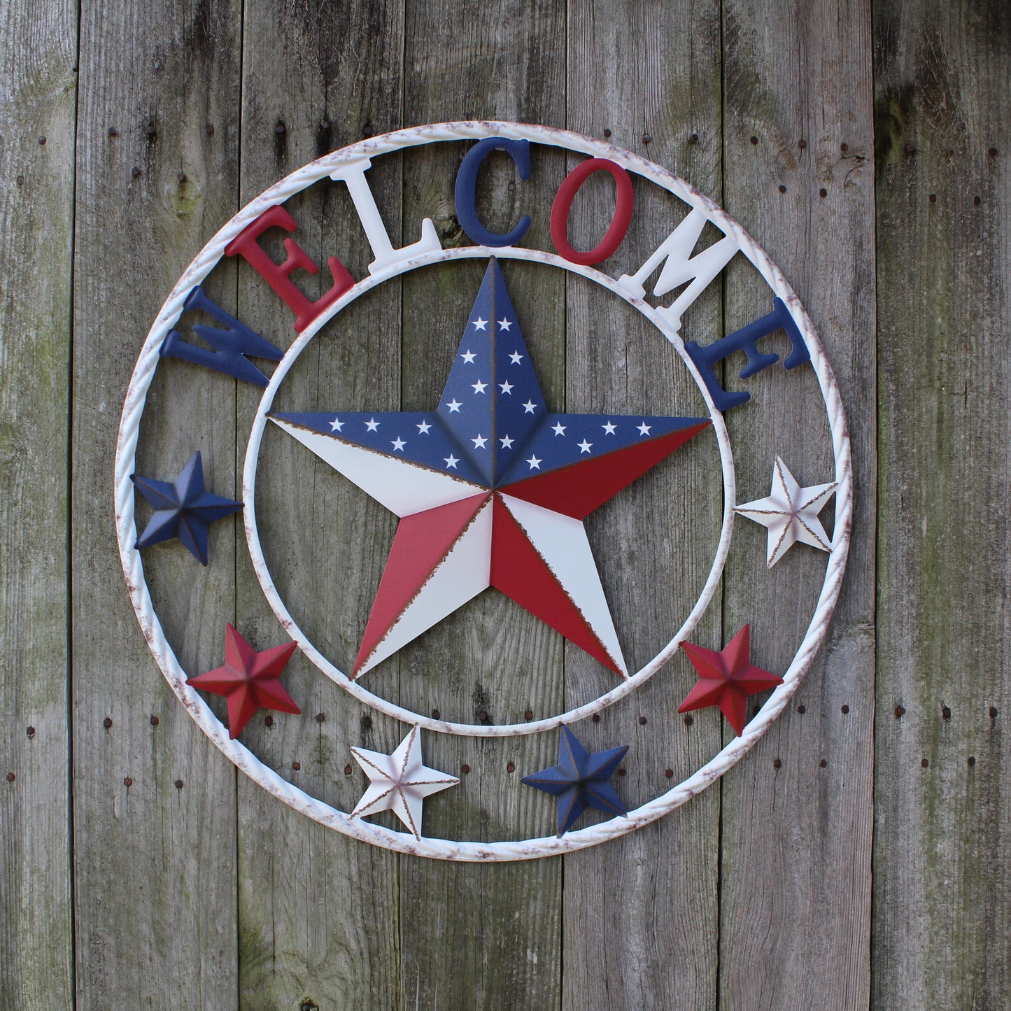 24" WELCOME USA FLAG BARN METAL FLAT STAR 2D PLAIN RED WHITE BLUE WESTERN HOME DECOR HANDMADE NEW #EH12310