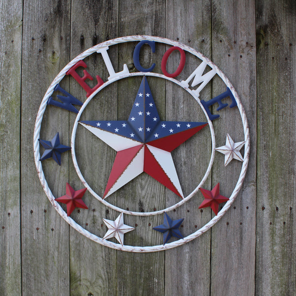 24" WELCOME USA FLAG BARN METAL FLAT STAR 2D PLAIN RED WHITE BLUE WESTER HOME DECOR HANDMADE NEW #EH12310