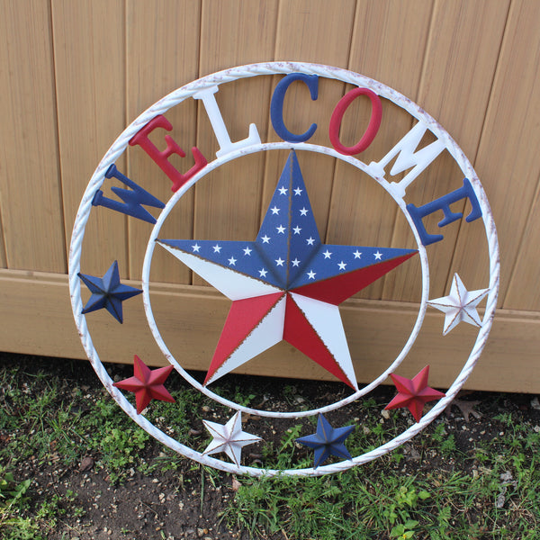 24" WELCOME USA FLAG BARN METAL FLAT STAR 2D PLAIN RED WHITE BLUE WESTER HOME DECOR HANDMADE NEW #EH12310