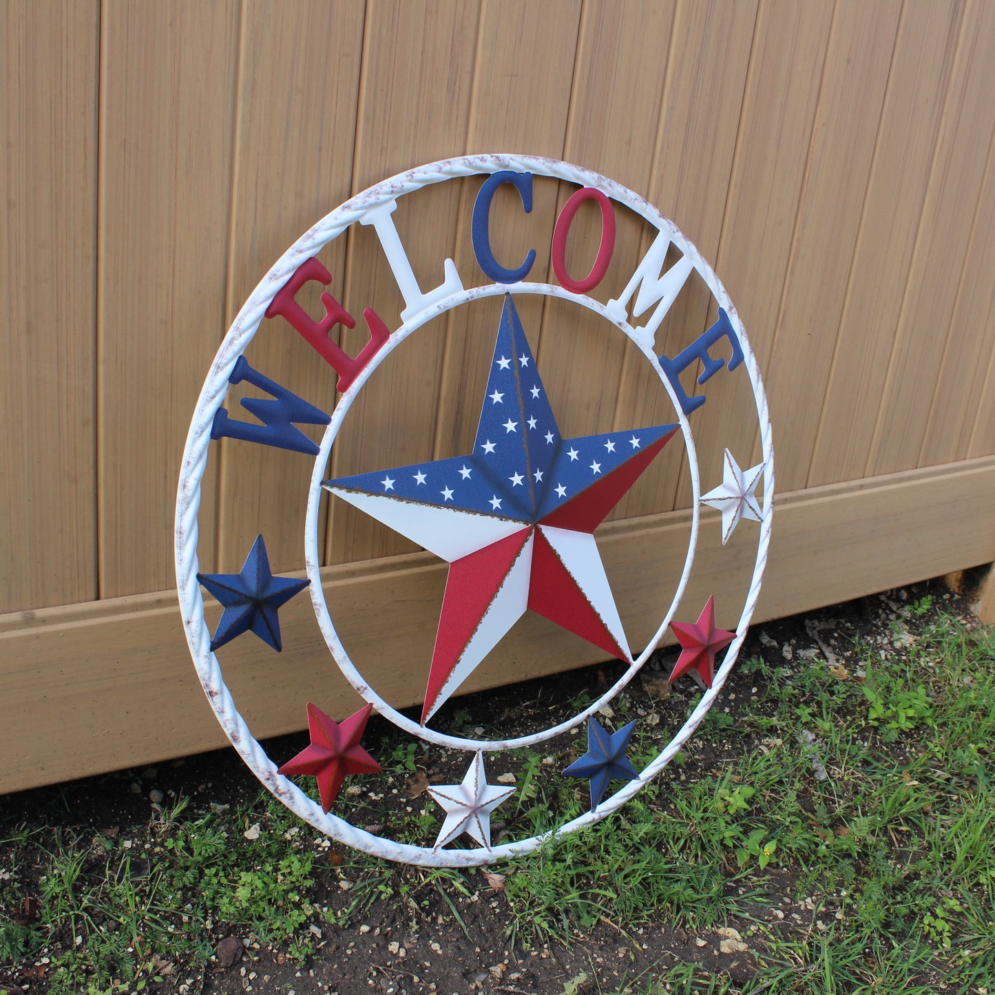 24" WELCOME USA FLAG BARN METAL FLAT STAR 2D PLAIN RED WHITE BLUE WESTERN HOME DECOR HANDMADE NEW #EH12310
