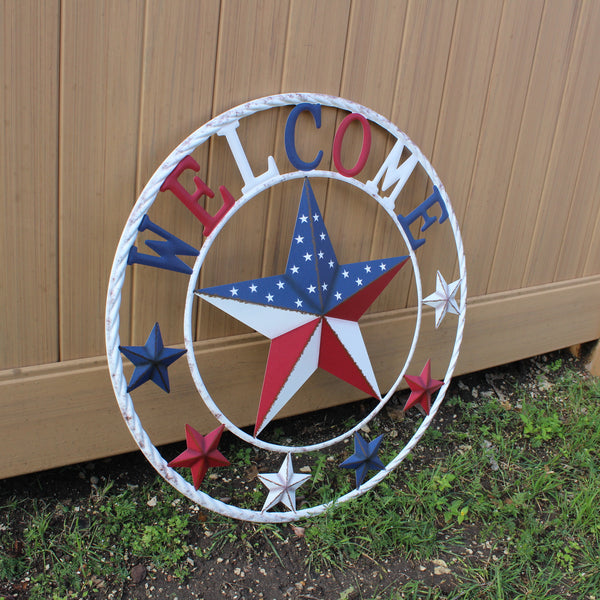 24" WELCOME USA FLAG BARN METAL FLAT STAR 2D PLAIN RED WHITE BLUE WESTER HOME DECOR HANDMADE NEW #EH12310