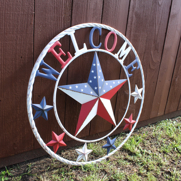 24" WELCOME USA FLAG BARN METAL FLAT STAR 2D PLAIN RED WHITE BLUE WESTER HOME DECOR HANDMADE NEW #EH12310