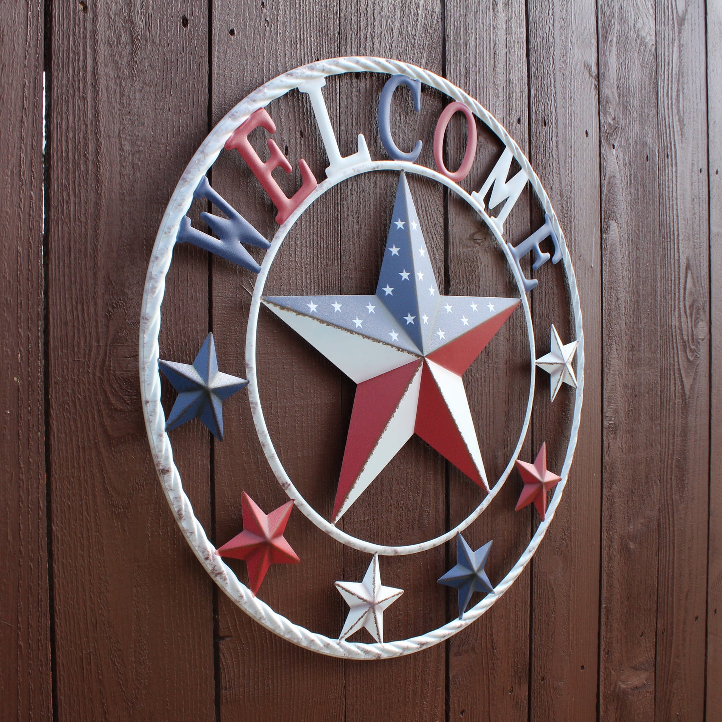 24" WELCOME USA FLAG BARN METAL FLAT STAR 2D PLAIN RED WHITE BLUE WESTERN HOME DECOR HANDMADE NEW #EH12310