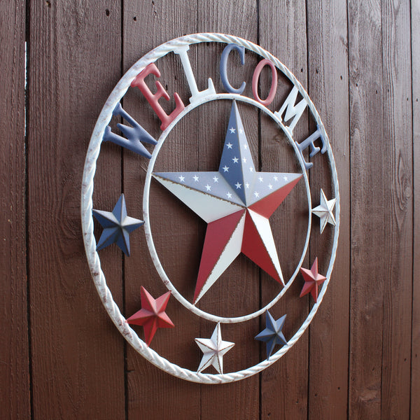 24" WELCOME USA FLAG BARN METAL FLAT STAR 2D PLAIN RED WHITE BLUE WESTER HOME DECOR HANDMADE NEW #EH12310