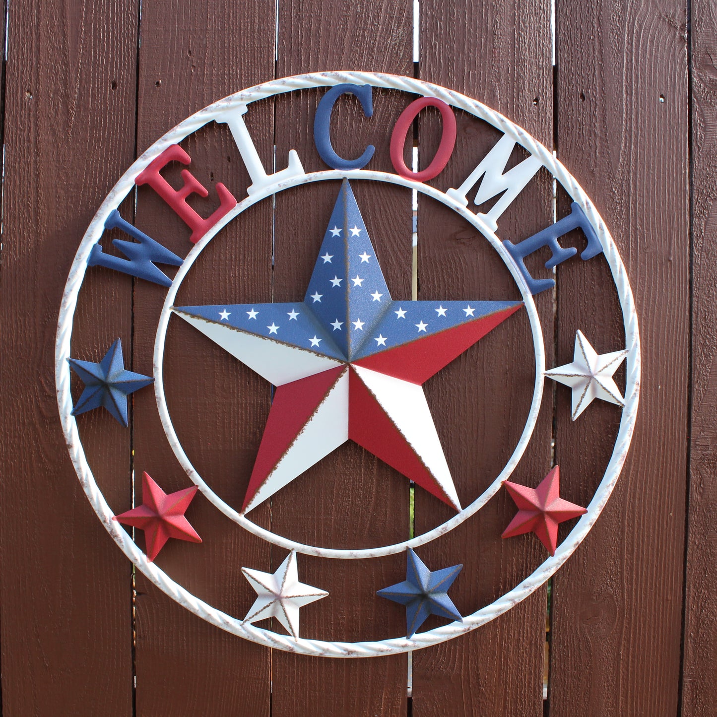 24" WELCOME USA FLAG BARN METAL FLAT STAR 2D PLAIN RED WHITE BLUE WESTERN HOME DECOR HANDMADE NEW #EH12310
