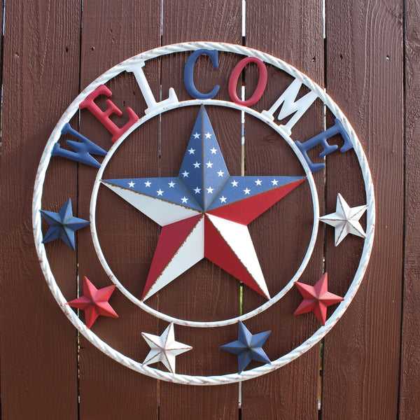 24" WELCOME USA FLAG BARN METAL FLAT STAR 2D PLAIN RED WHITE BLUE WESTER HOME DECOR HANDMADE NEW #EH12310