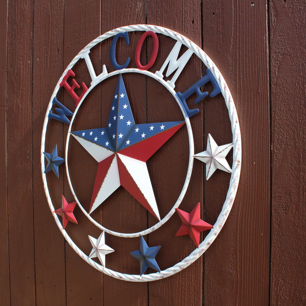 24" WELCOME USA FLAG BARN METAL FLAT STAR 2D PLAIN RED WHITE BLUE WESTER HOME DECOR HANDMADE NEW #EH12310