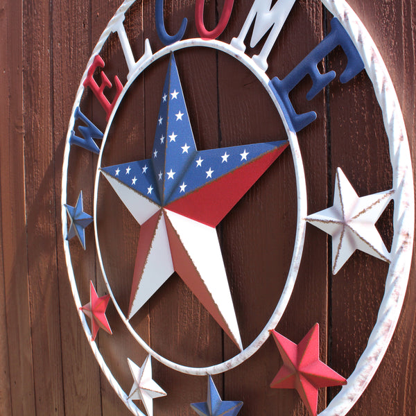24" WELCOME USA FLAG BARN METAL FLAT STAR 2D PLAIN RED WHITE BLUE WESTER HOME DECOR HANDMADE NEW #EH12310