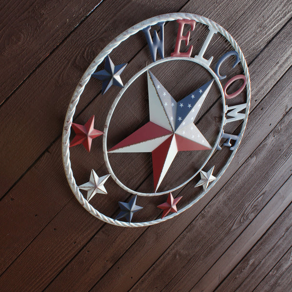 24" WELCOME USA FLAG BARN METAL FLAT STAR 2D PLAIN RED WHITE BLUE WESTER HOME DECOR HANDMADE NEW #EH12310
