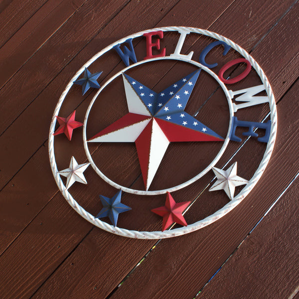 24" WELCOME USA FLAG BARN METAL FLAT STAR 2D PLAIN RED WHITE BLUE WESTER HOME DECOR HANDMADE NEW #EH12310
