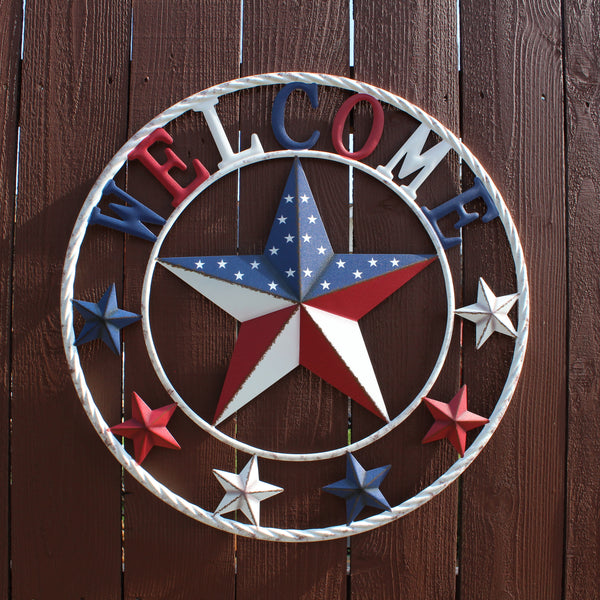 24" WELCOME USA FLAG BARN METAL FLAT STAR 2D PLAIN RED WHITE BLUE WESTER HOME DECOR HANDMADE NEW #EH12310