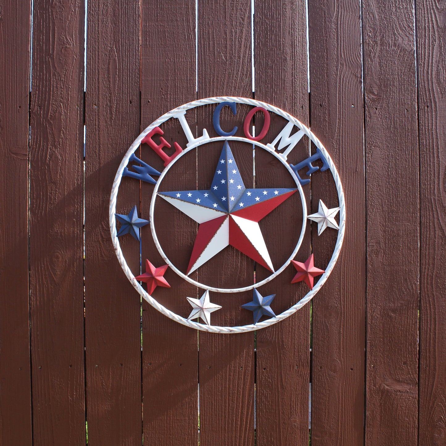 24" WELCOME USA FLAG BARN METAL FLAT STAR 2D PLAIN RED WHITE BLUE WESTERN HOME DECOR HANDMADE NEW #EH12310