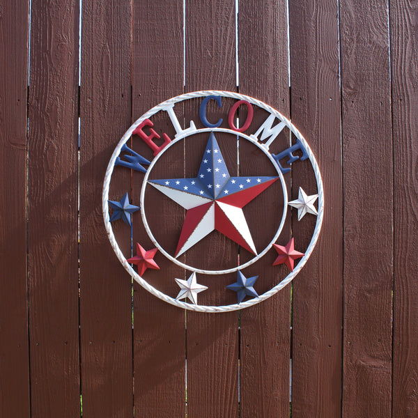24" WELCOME USA FLAG BARN METAL FLAT STAR 2D PLAIN RED WHITE BLUE WESTER HOME DECOR HANDMADE NEW #EH12310