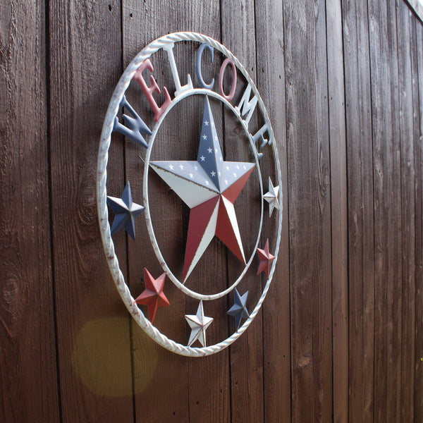 24" WELCOME USA FLAG BARN METAL FLAT STAR 2D PLAIN RED WHITE BLUE WESTER HOME DECOR HANDMADE NEW #EH12310