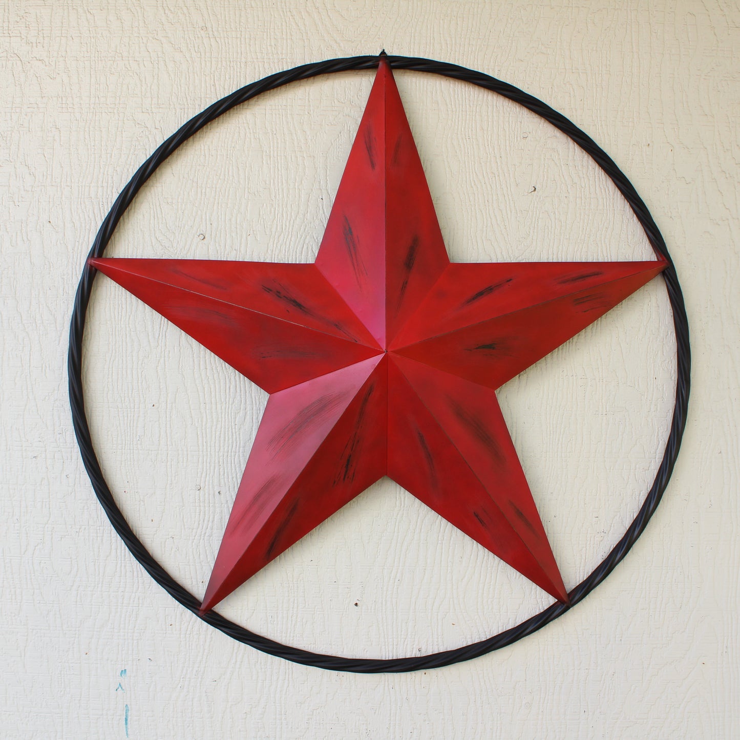 RED DISTRESSED STAR TWO TONE TEXTURE WITH BLACK RING METAL LONESTAR TWISTED ROPE RING WESTERN HOME DECOR HANDMADE NEW #EH10645