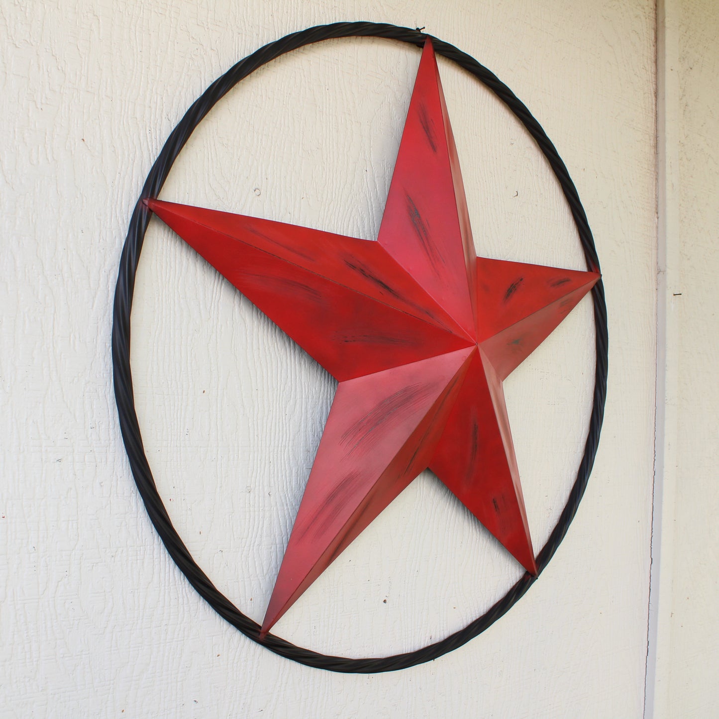 RED DISTRESSED STAR TWO TONE TEXTURE WITH BLACK RING METAL LONESTAR TWISTED ROPE RING WESTERN HOME DECOR HANDMADE NEW #EH10645
