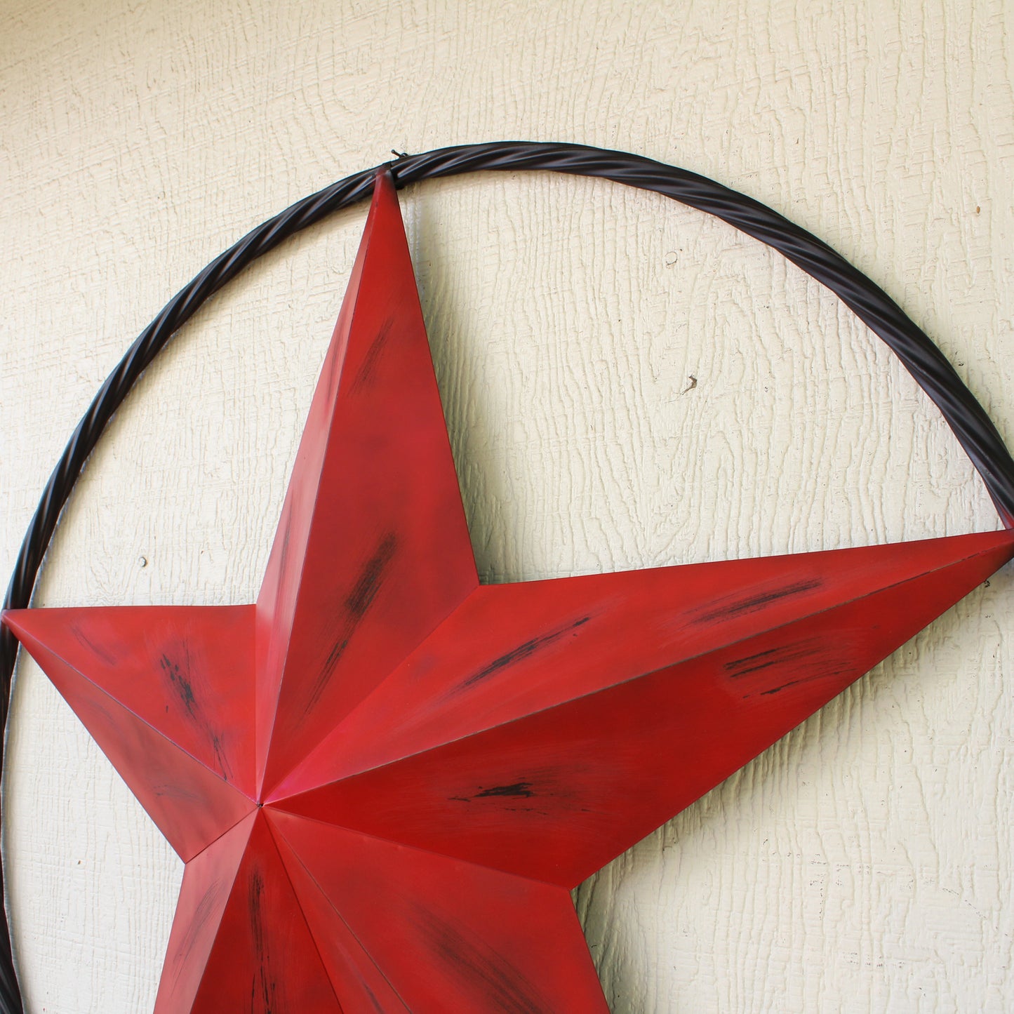 RED DISTRESSED STAR TWO TONE TEXTURE WITH BLACK RING METAL LONESTAR TWISTED ROPE RING WESTERN HOME DECOR HANDMADE NEW #EH10645