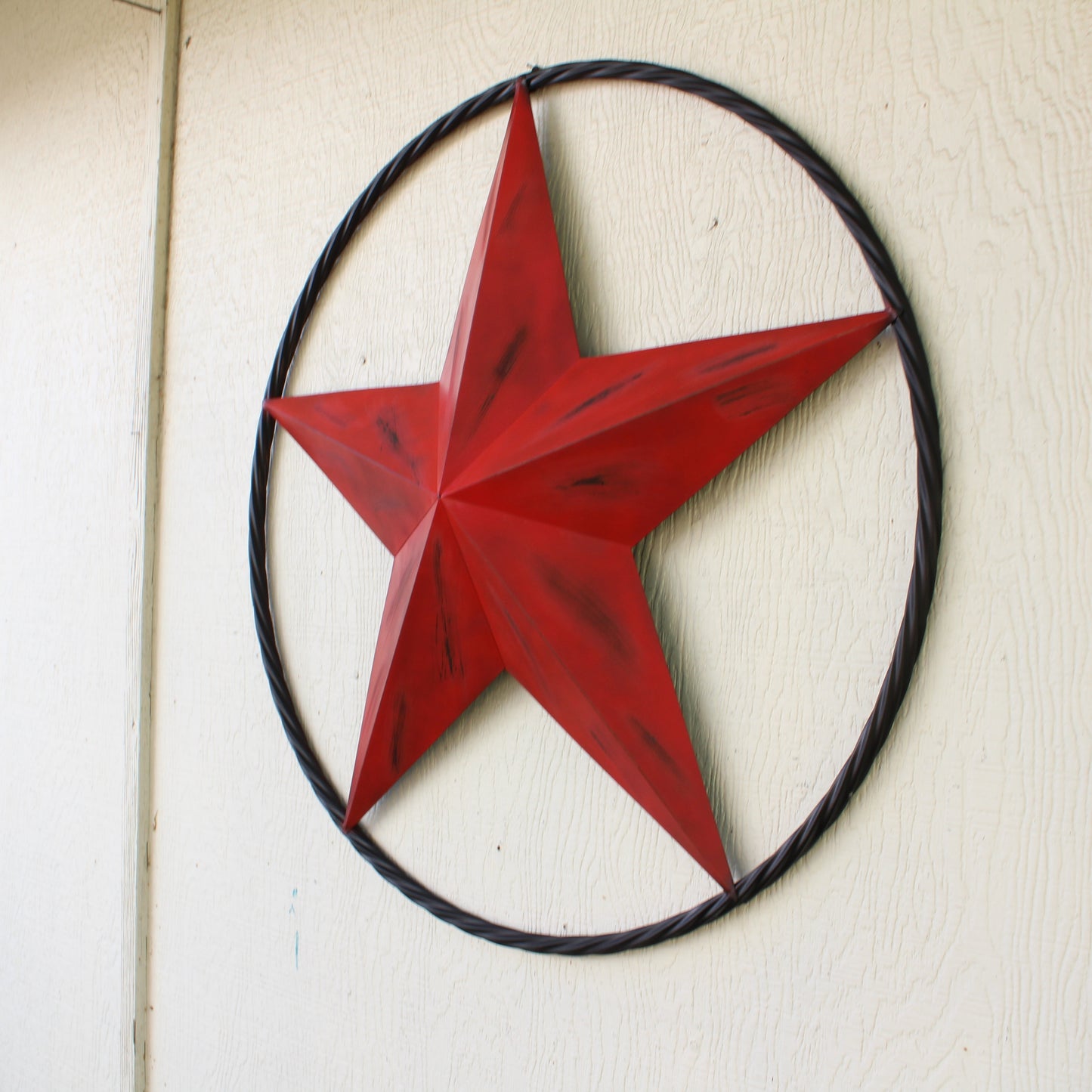 RED DISTRESSED STAR TWO TONE TEXTURE WITH BLACK RING METAL LONESTAR TWISTED ROPE RING WESTERN HOME DECOR HANDMADE NEW #EH10645