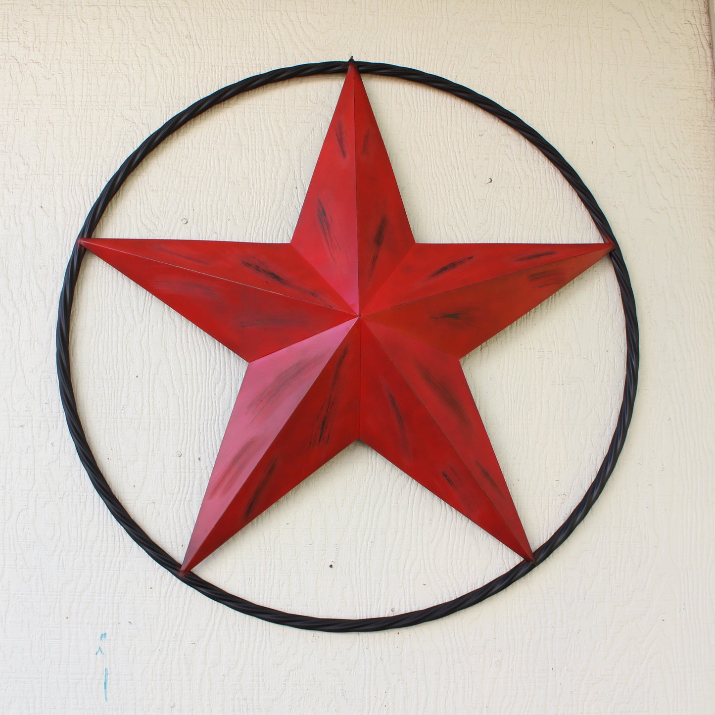 RED DISTRESSED STAR TWO TONE TEXTURE WITH BLACK RING METAL LONESTAR TWISTED ROPE RING WESTERN HOME DECOR HANDMADE NEW #EH10645