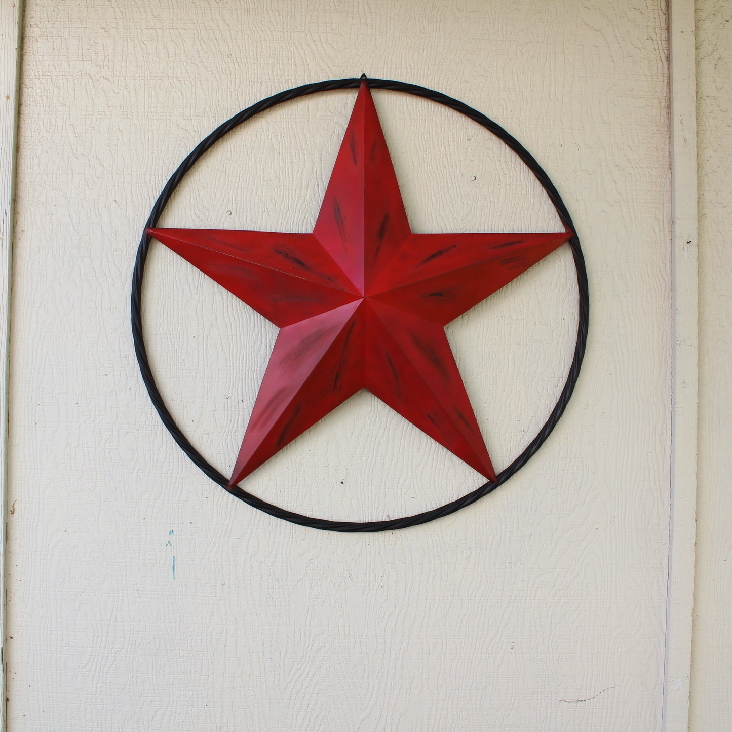 RED DISTRESSED STAR TWO TONE TEXTURE WITH BLACK RING METAL LONESTAR TWISTED ROPE RING WESTERN HOME DECOR HANDMADE NEW #EH10645