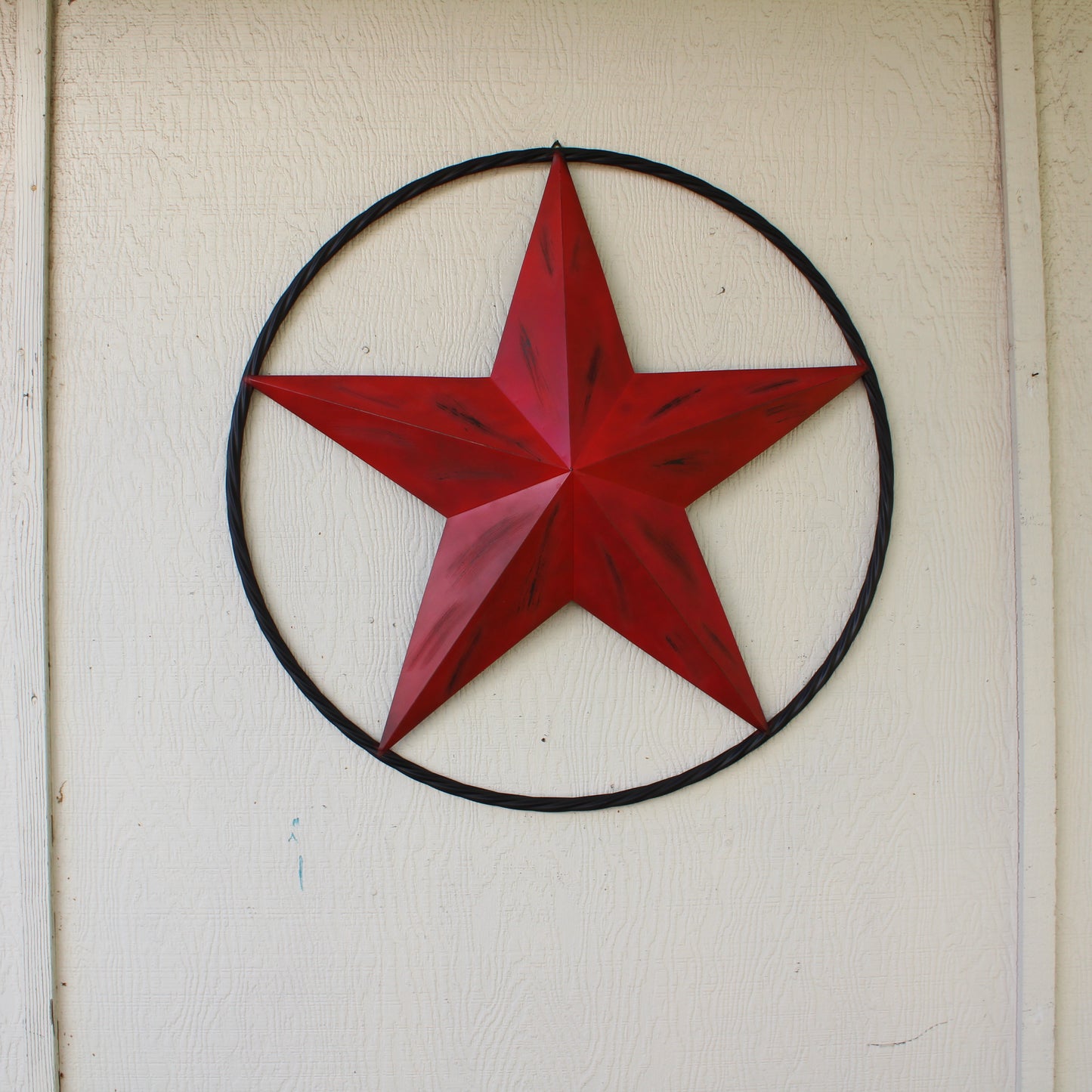 RED DISTRESSED STAR TWO TONE TEXTURE WITH BLACK RING METAL LONESTAR TWISTED ROPE RING WESTERN HOME DECOR HANDMADE NEW #EH10645