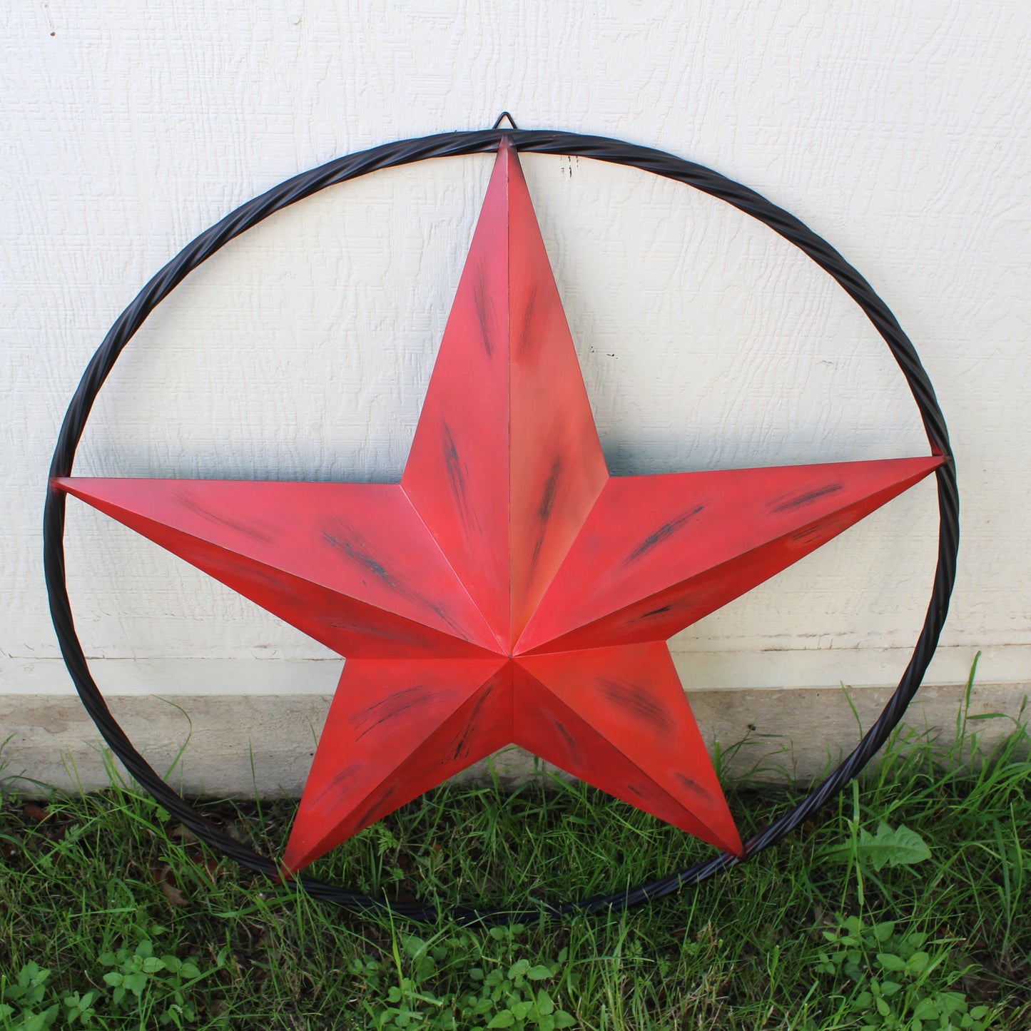 RED DISTRESSED STAR TWO TONE TEXTURE WITH BLACK RING METAL LONESTAR TWISTED ROPE RING WESTERN HOME DECOR HANDMADE NEW #EH10645