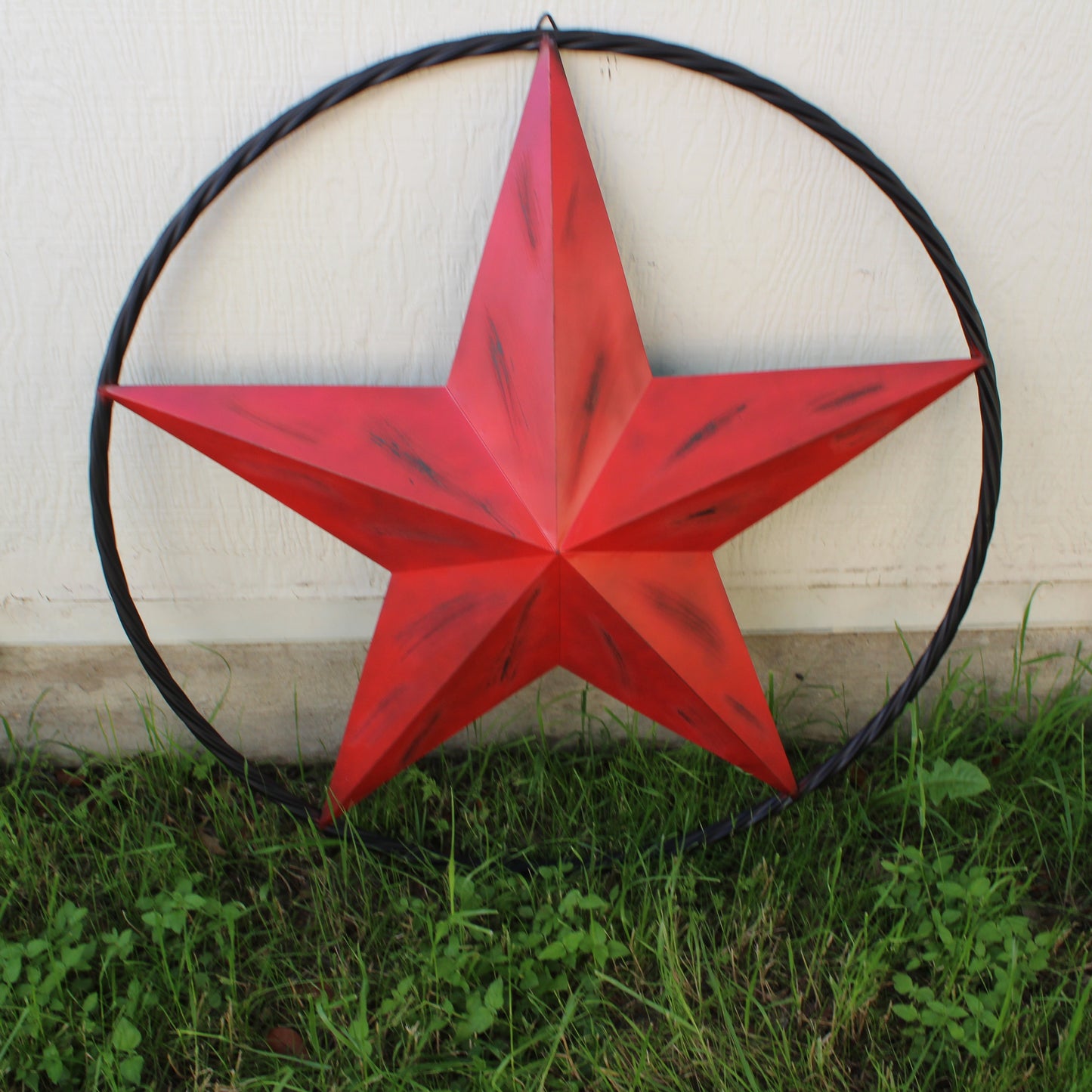 RED DISTRESSED STAR TWO TONE TEXTURE WITH BLACK RING METAL LONESTAR TWISTED ROPE RING WESTERN HOME DECOR HANDMADE NEW #EH10645