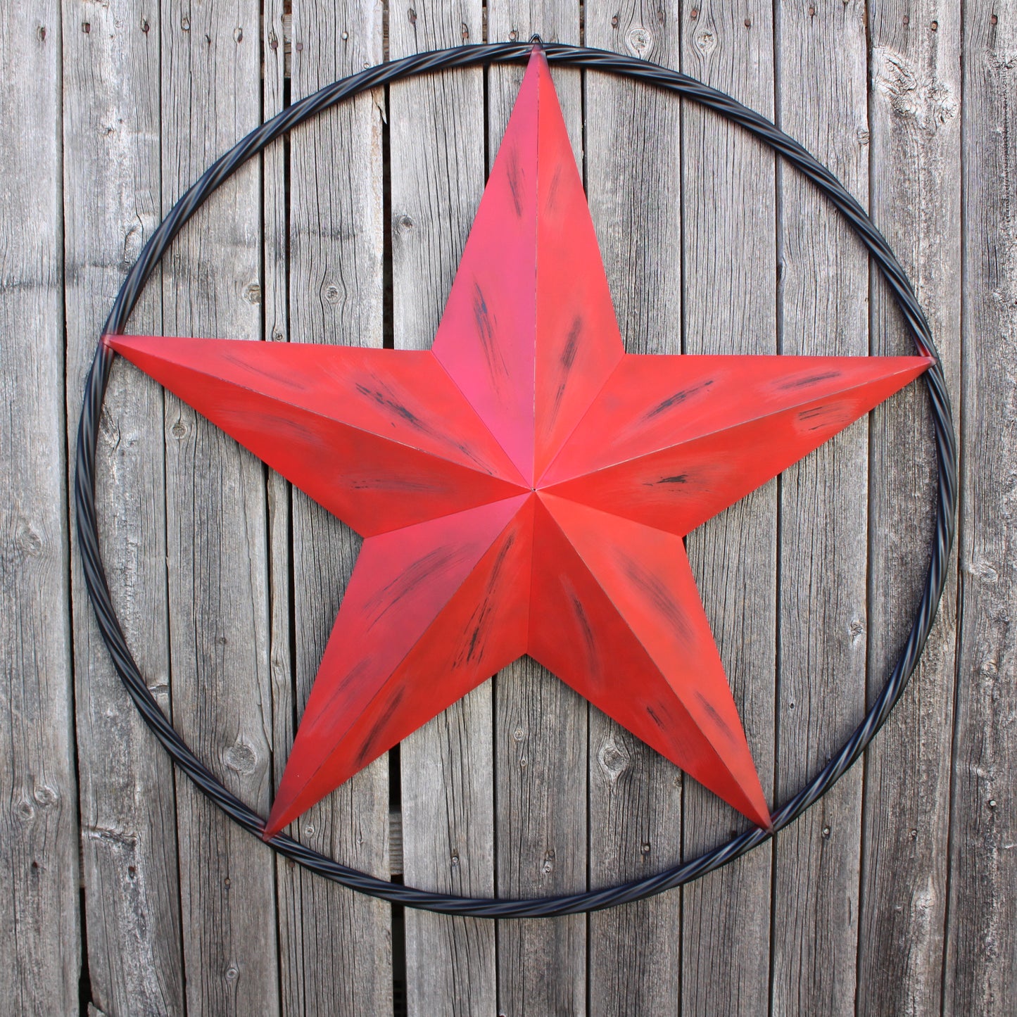 RED DISTRESSED STAR TWO TONE TEXTURE WITH BLACK RING METAL LONESTAR TWISTED ROPE RING WESTERN HOME DECOR HANDMADE NEW #EH10645