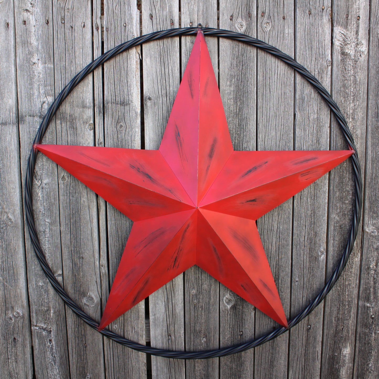 RED DISTRESSED STAR TWO TONE TEXTURE WITH BLACK RING METAL LONESTAR TWISTED ROPE RING WESTERN HOME DECOR HANDMADE NEW #EH10645