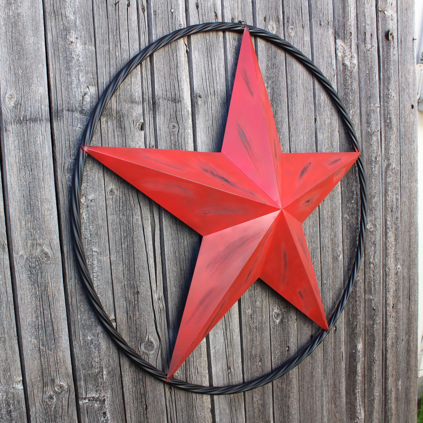 RED DISTRESSED STAR TWO TONE TEXTURE WITH BLACK RING METAL LONESTAR TWISTED ROPE RING WESTERN HOME DECOR HANDMADE NEW #EH10645