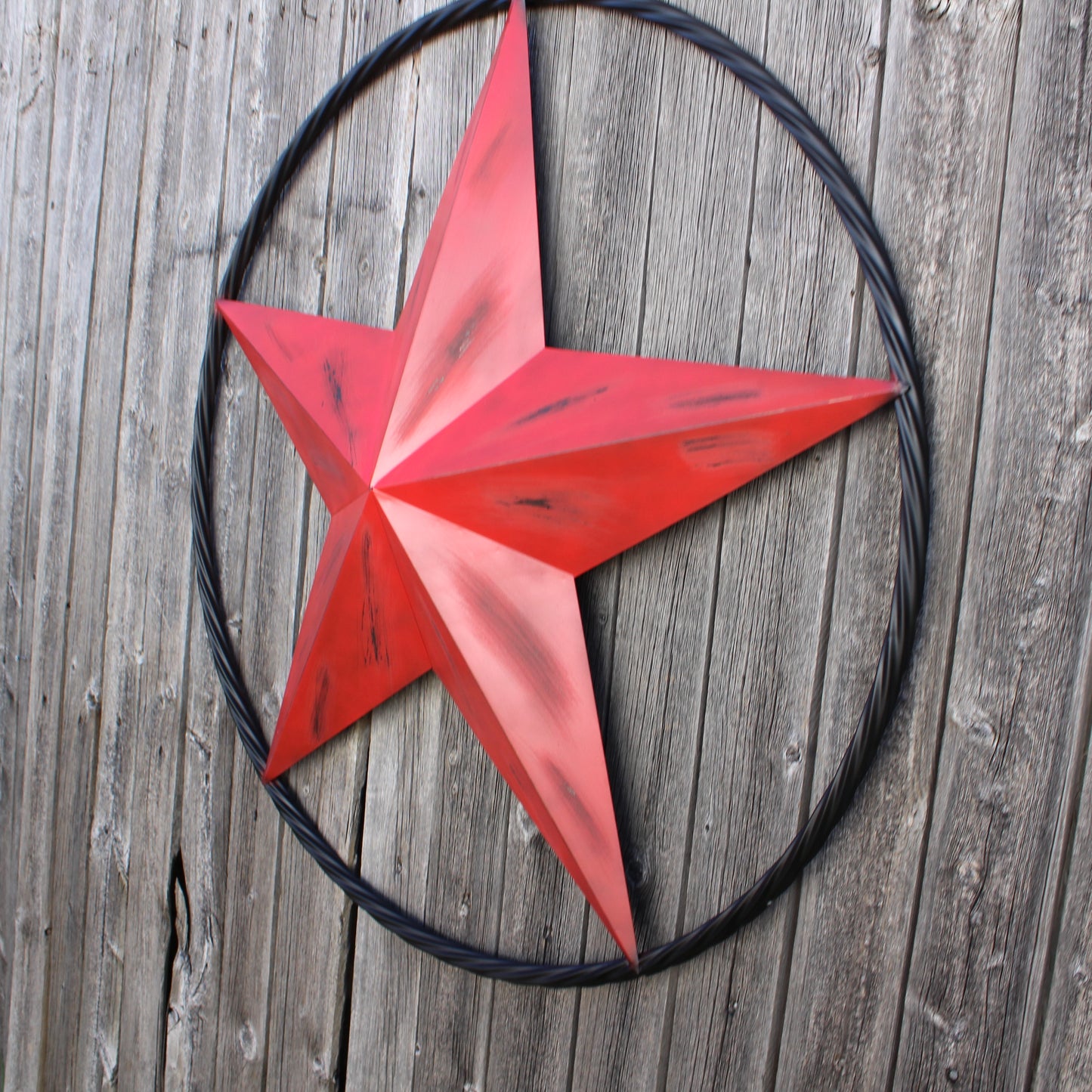 RED DISTRESSED STAR TWO TONE TEXTURE WITH BLACK RING METAL LONESTAR TWISTED ROPE RING WESTERN HOME DECOR HANDMADE NEW #EH10645