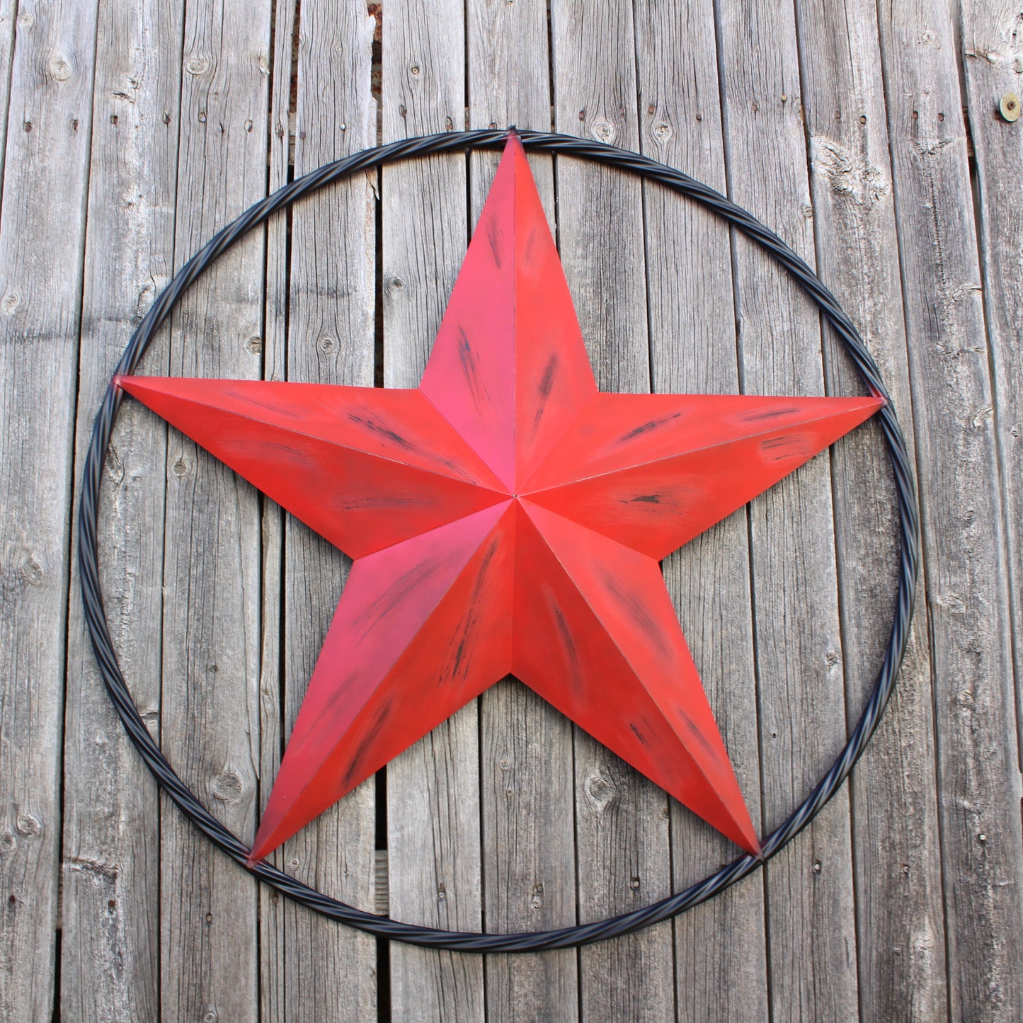 RED DISTRESSED STAR TWO TONE TEXTURE WITH BLACK RING METAL LONESTAR TWISTED ROPE RING WESTERN HOME DECOR HANDMADE NEW #EH10645