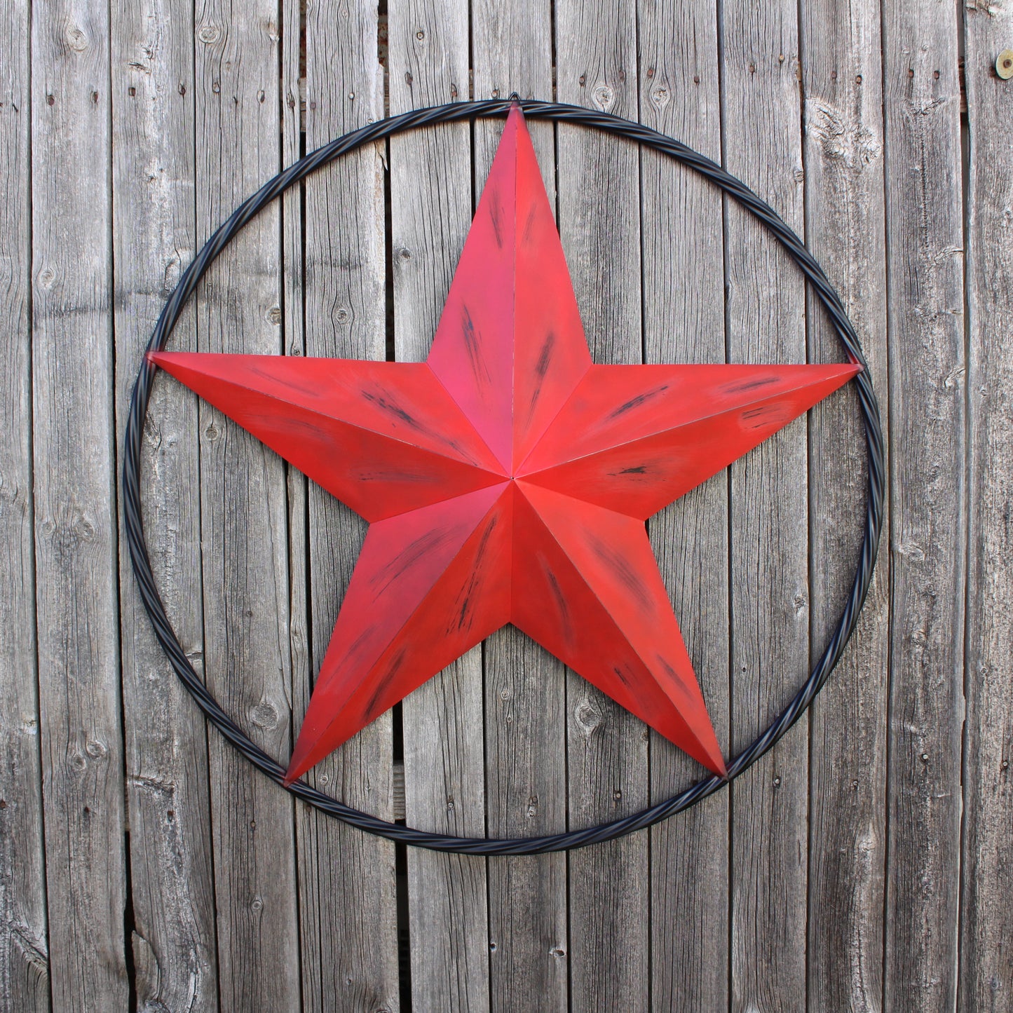 RED DISTRESSED STAR TWO TONE TEXTURE WITH BLACK RING METAL LONESTAR TWISTED ROPE RING WESTERN HOME DECOR HANDMADE NEW #EH10645