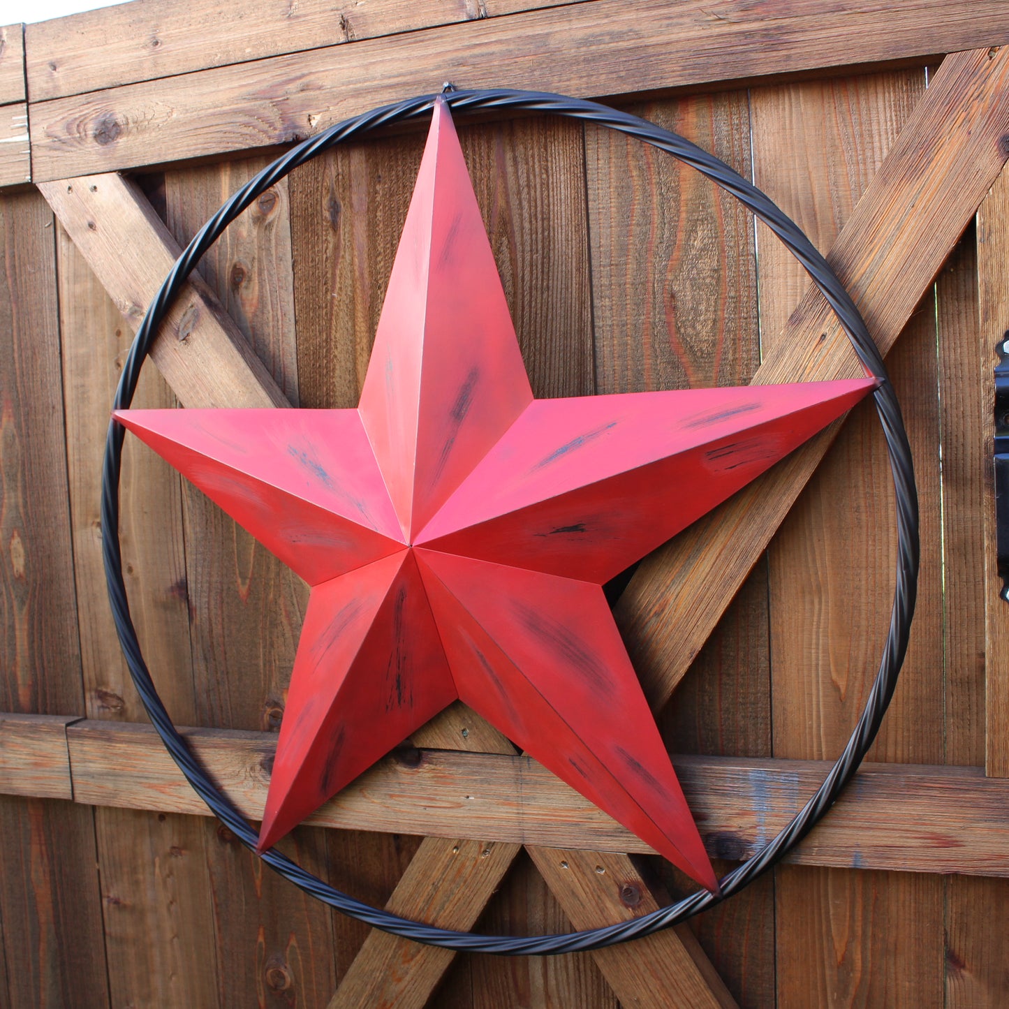 RED DISTRESSED STAR TWO TONE TEXTURE WITH BLACK RING METAL LONESTAR TWISTED ROPE RING WESTERN HOME DECOR HANDMADE NEW #EH10645